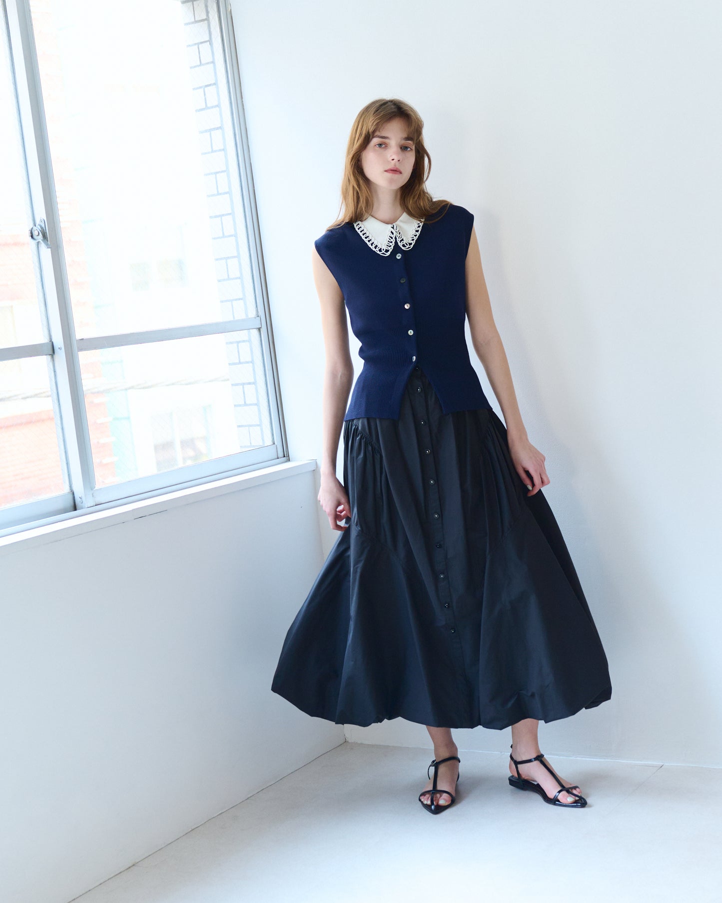 【New Arrival】コードエンブロイダリーカラーニットトップス