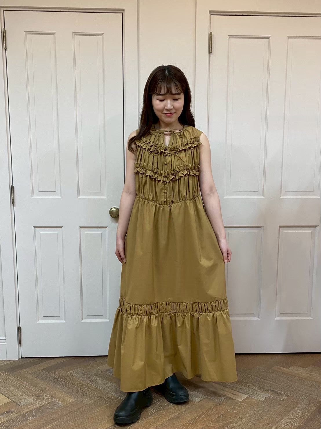 【New Arrival】シャーリングフリルロングワンピース