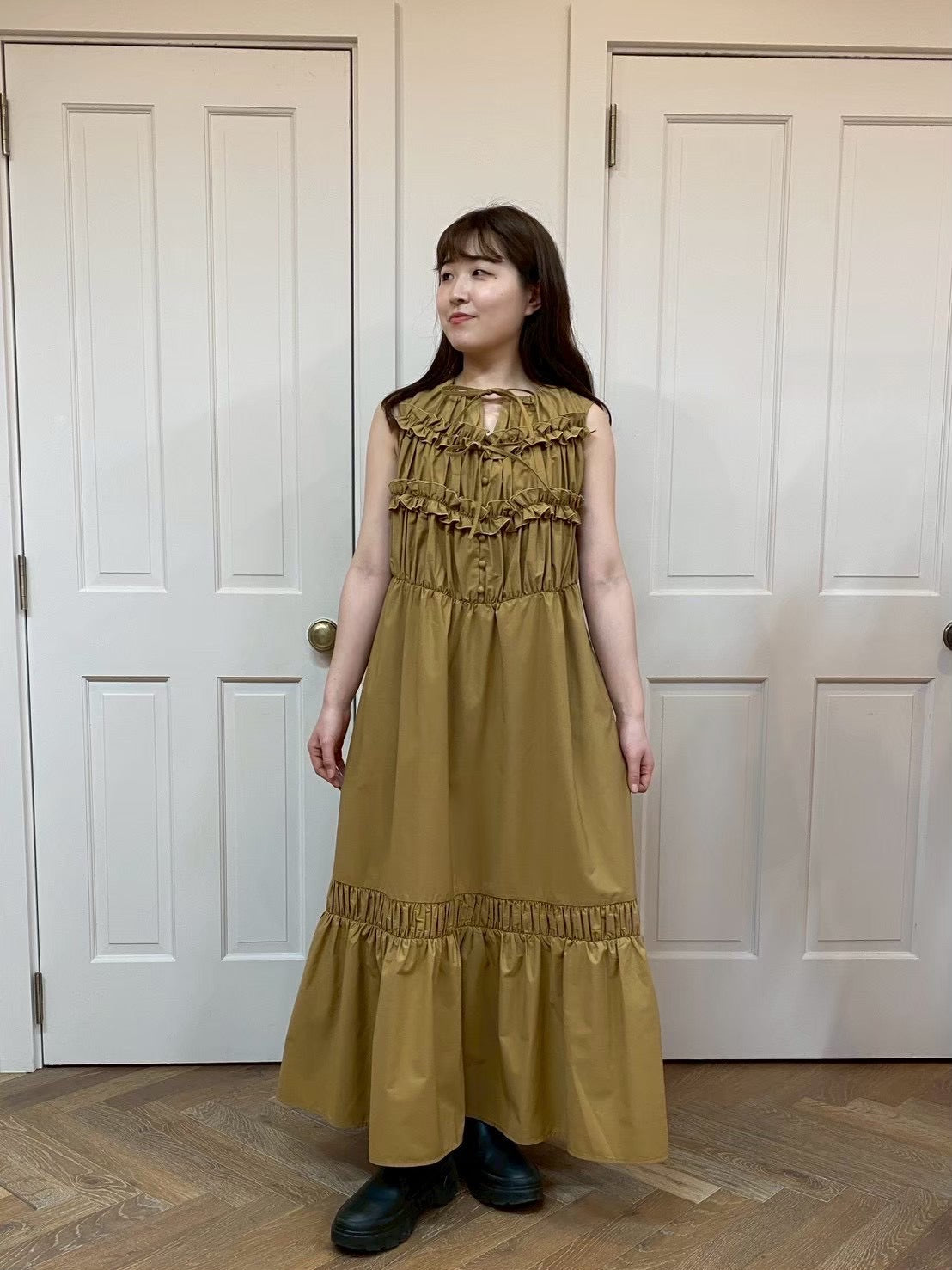 【New Arrival】シャーリングフリルロングワンピース