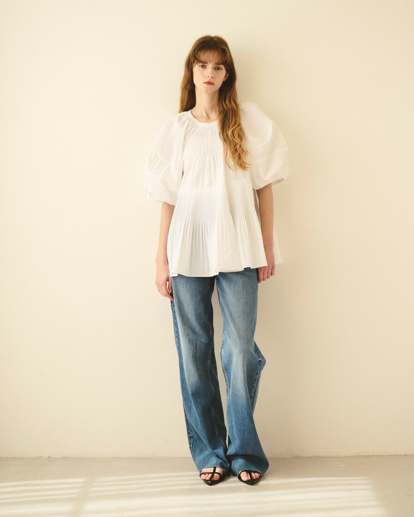 【New Arrival】バルーンスリーブプリーツチュニックブラウス