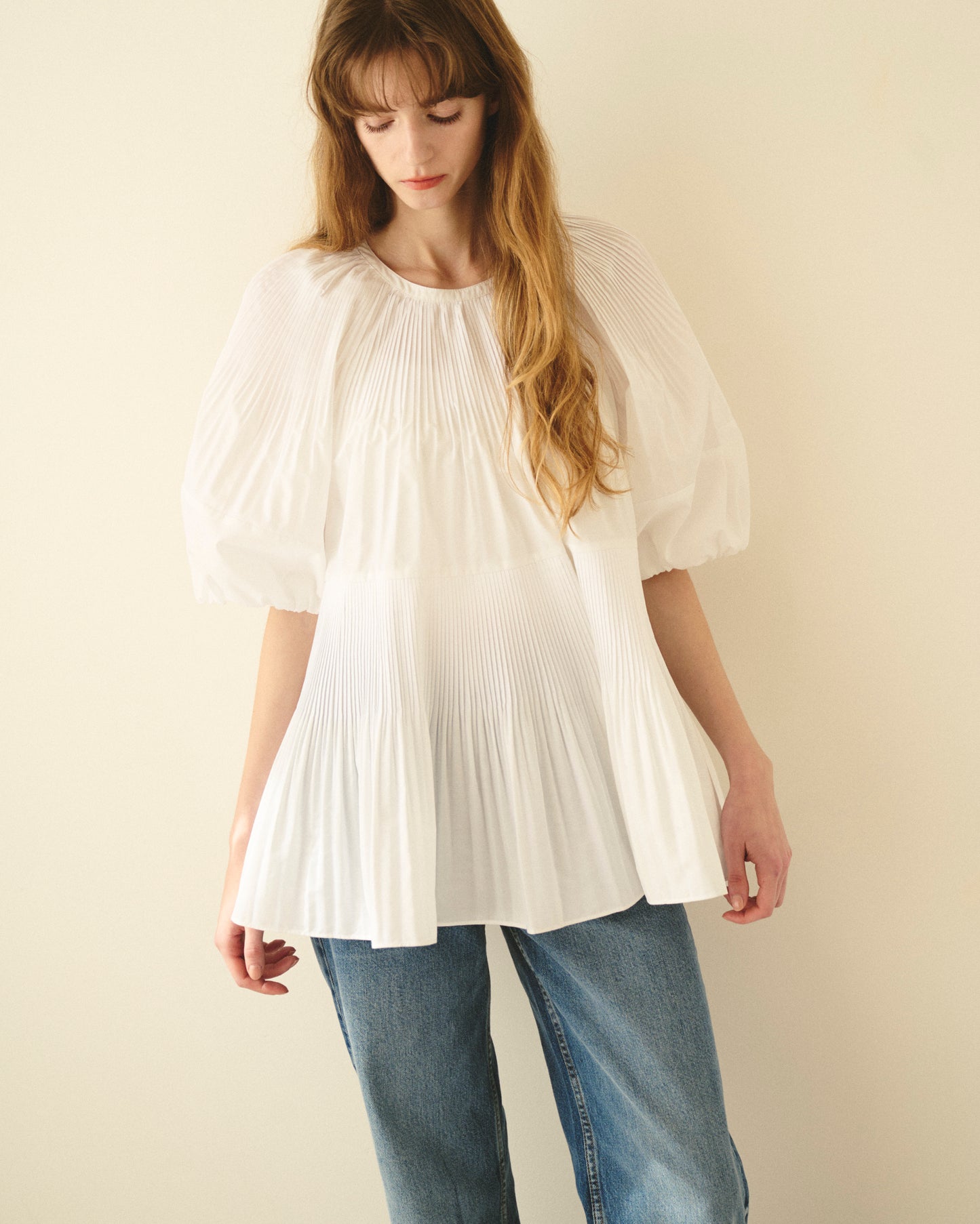 【New Arrival】バルーンスリーブプリーツチュニックブラウス