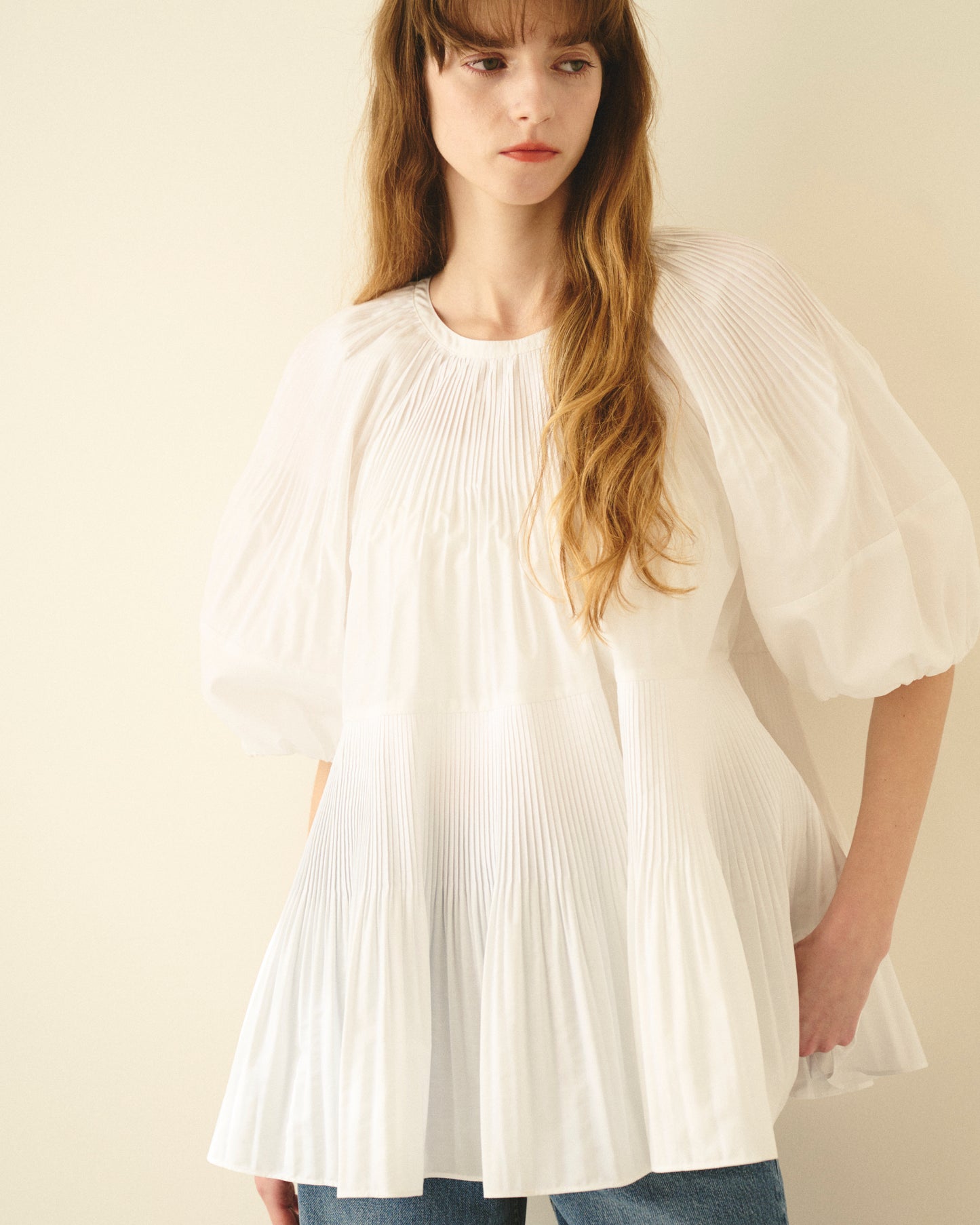 【New Arrival】バルーンスリーブプリーツチュニックブラウス