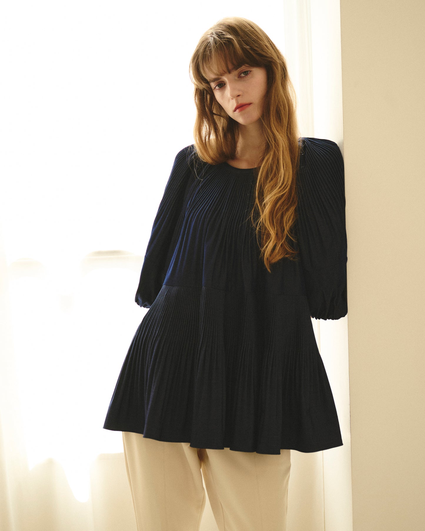 【New Arrival】バルーンスリーブプリーツチュニックブラウス