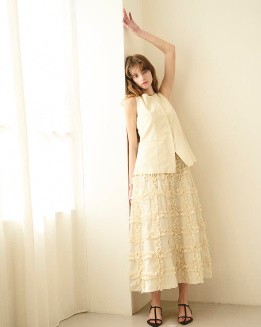 ロングスカート ギャザーフリル フレアスカート レディース 立体デザイン 綿ナイロン デニムスカート 上品 きれいめ モード ワントーンコーデ 体型カバー 春夏コーデ エレガントスタイル