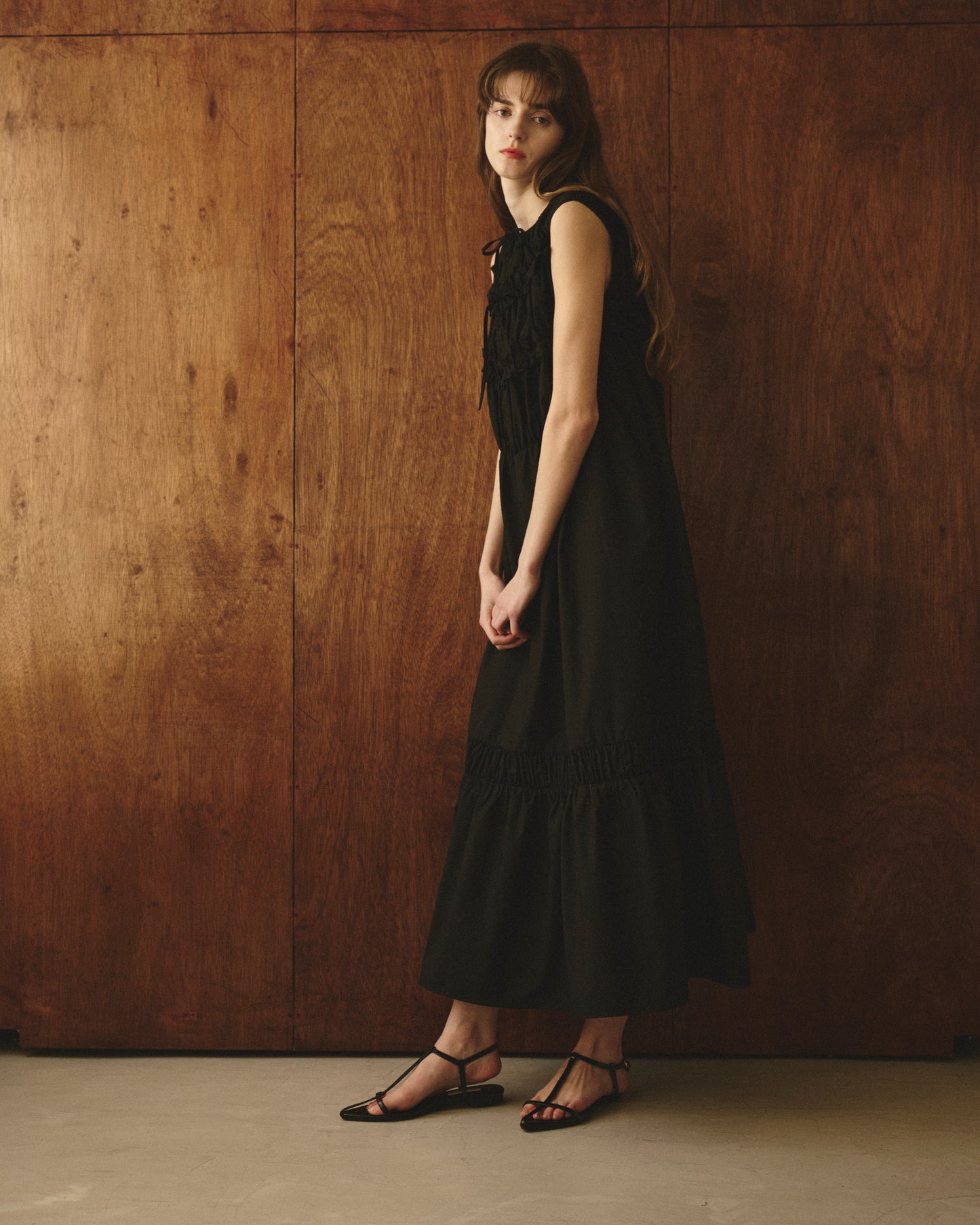 【New Arrival】シャーリングフリルロングワンピース